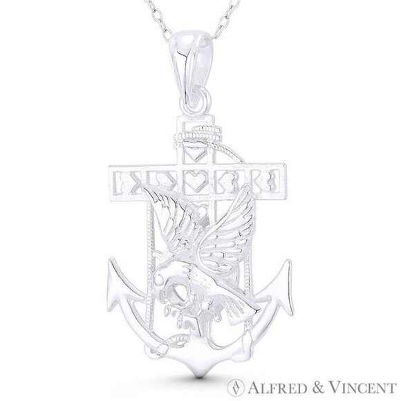 Ship's Anchor Eagle & Helm / Wheel Mariners Charm Pendant in 925 Sterling Silver - Picture 1 of 1
